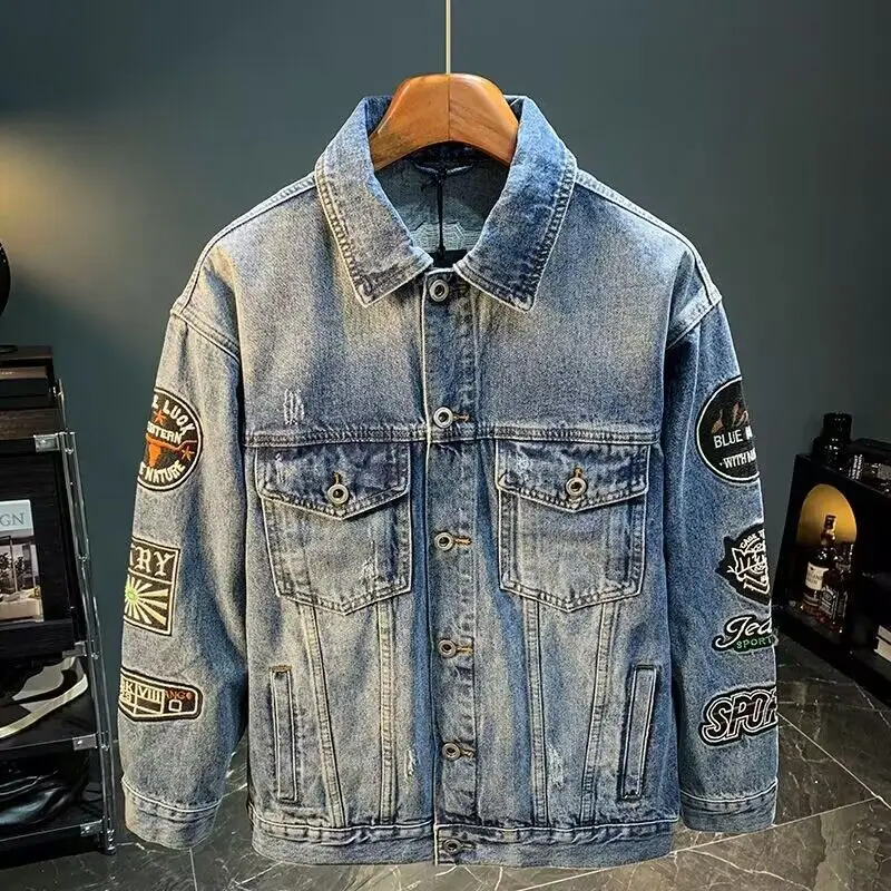Street Fashion Jacket Men - Hommes haute rue broderie Patch Denim