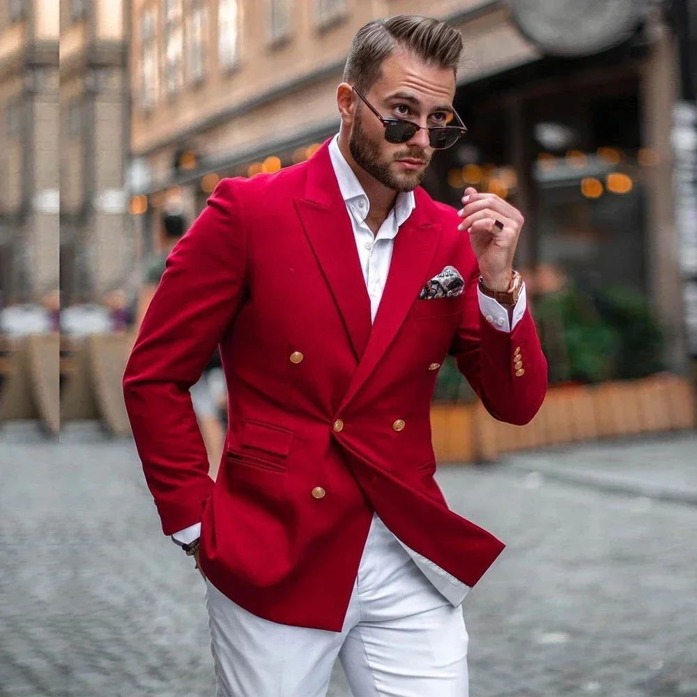 Street Fashion Jacket Men - Costume Homme Rouge et Blanc Croisé,
