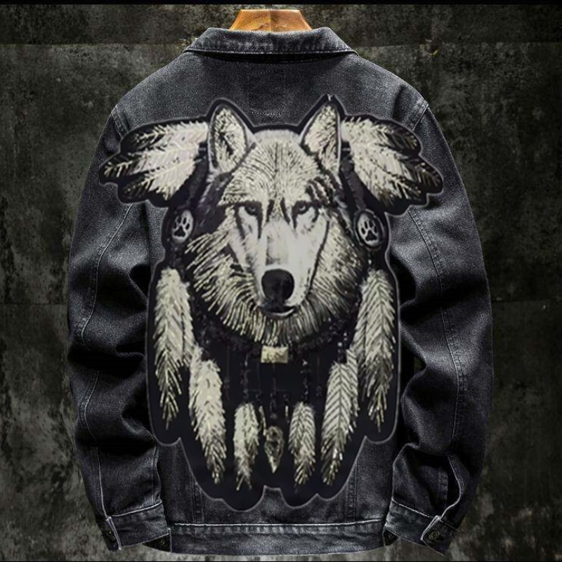 Street Fashion Jacket Men - Amérique Vintage loup lourd brodé Patch