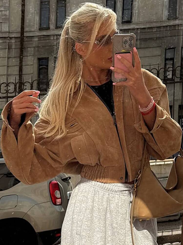 Veste courte en daim marron te - Street Fashion Taiwan avis et prix